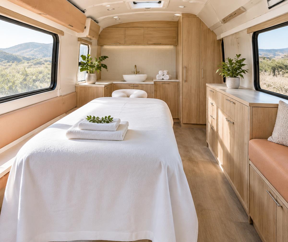 Illustrative mobile spa interior with a neatly prepared massage table and warm wood cabinetry